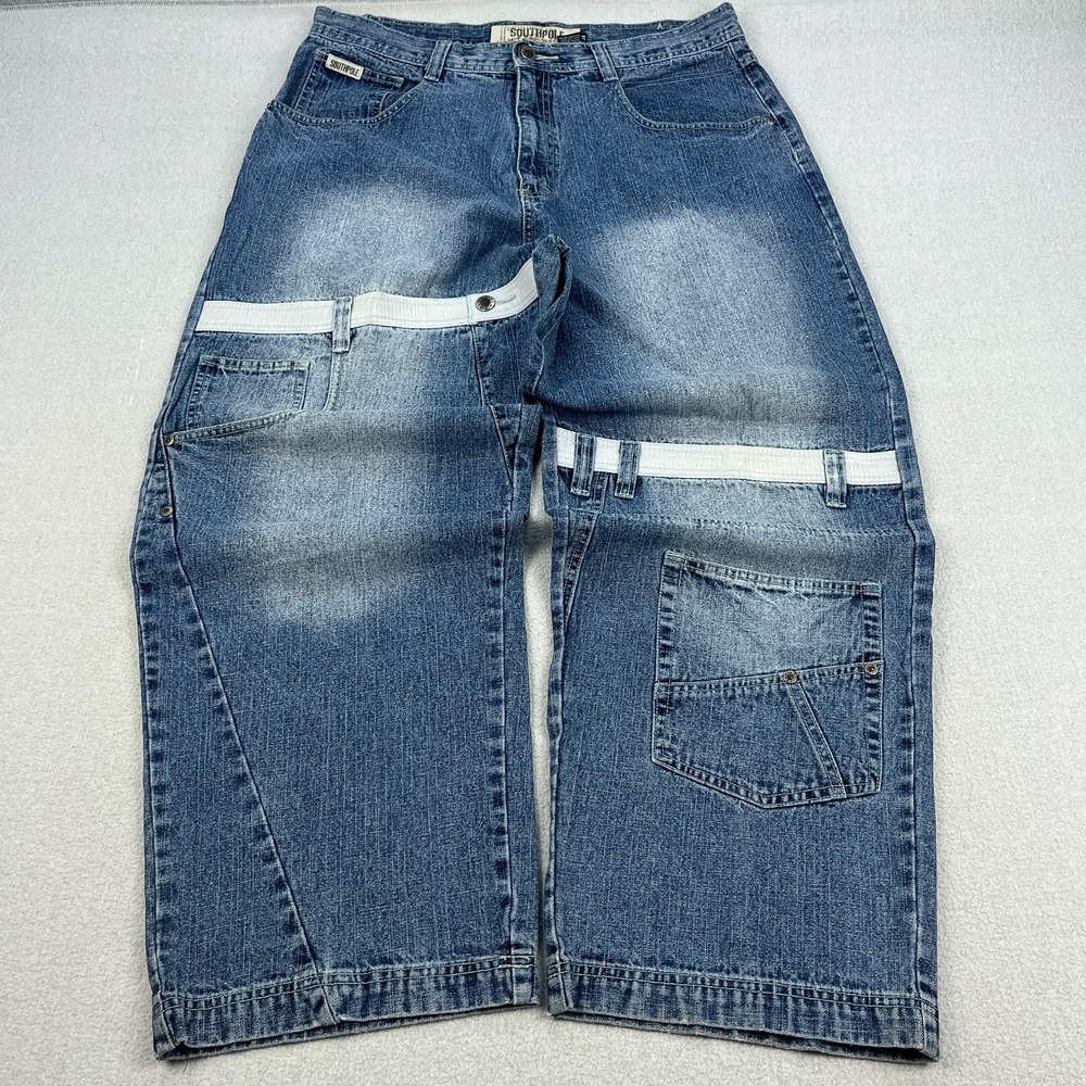 Vintage Southpole Baggy Jeans Mens 38x30 Blue Denim Patchwork Pockets Wide Y2K
